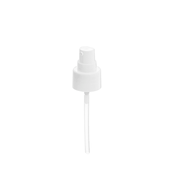 The image shows the Calaso PP Pump 24/410 FPB15A3C014-001. It features a sleek, cylindrical pump dispenser with a smooth, glossy white finish. The pump has a standard 24/410 neck size and is designed for easy dispensing of liquid products. The nozzle is slightly angled for precise application, and the pump is equipped with a ribbed collar for secure attachment to bottles.