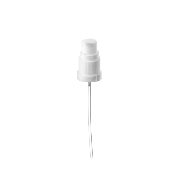 The image shows a Calaso PP Pump DIN18. The pump features a sleek, cylindrical design with a smooth, glossy white finish. It has a long, narrow nozzle extending from the top, designed for precise dispensing. The base of the pump is slightly wider, providing stability when attached to a corresponding bottle. The overall appearance is clean and modern, suitable for various liquid products.