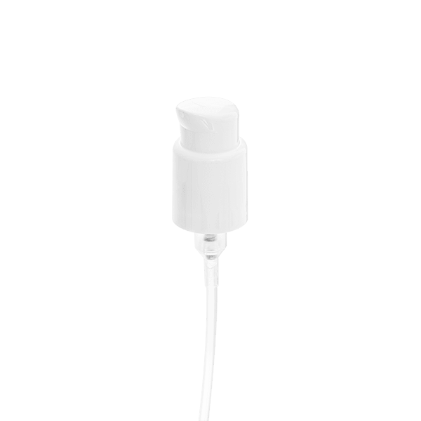 The image depicts the Calaso PP Pump 24/410. The pump is predominantly white and features a ribbed collar for secure attachment. It includes a long, transparent dip tube extending from the bottom of the pump. The pump is designed for use with bottles and appears to be well-constructed for dispensing liquids.