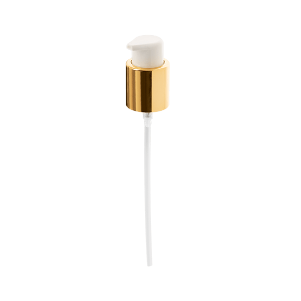 The image shows a CALASO PP Pump 24/410, a plastic dispensing pump designed for bottles. The pump features a white actuator with a ribbed texture for easy grip and a smooth, cylindrical neck. The pump's dispensing mechanism is designed to fit standard 24/410 neck finishes, making it suitable for a variety of liquid products. The image highlights the pump's sleek and functional design.