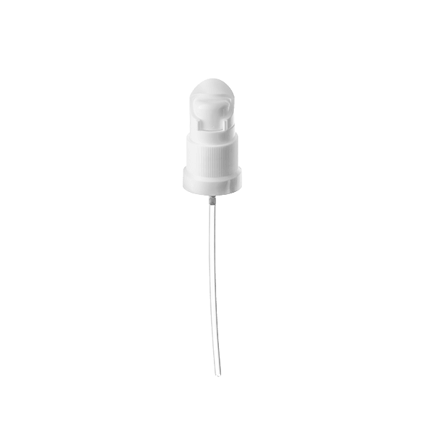 The image displays the Calaso PP Pump DIN18. The product consists of a white plastic pump dispenser with a ribbed texture, designed for easy grip. The pump head has a smooth, rounded top for comfortable pressing. The attached dip tube extends below the pump, indicating it is ready for insertion into a bottle. The overall design is sleek and functional, suitable for dispensing liquids from containers with a DIN18 neck finish.
