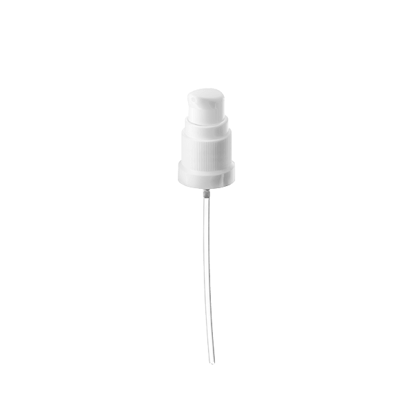 The image shows the Calaso PP Pump DIN18. It features a sleek, cylindrical pump mechanism made from durable plastic. The pump is primarily white, with a smooth texture and a glossy finish. The nozzle of the pump is slightly angled, allowing for easy dispensing of liquids. The pump is designed to be attached to bottles with a DIN18 neck size.