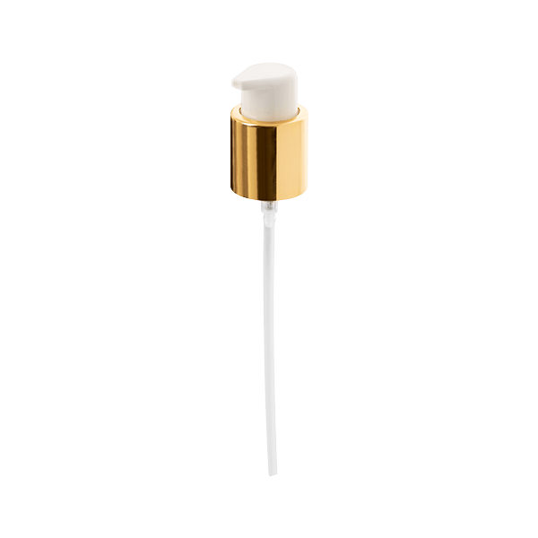 The image shows a Calaso PP Pump 24/410. The pump mechanism has a white plastic body with a smooth, cylindrical design. The nozzle at the top is slightly angled, and the base of the pump has a threaded section for attaching it to a bottle. The overall appearance is clean and functional, indicating a design intended for dispensing liquids or lotions.