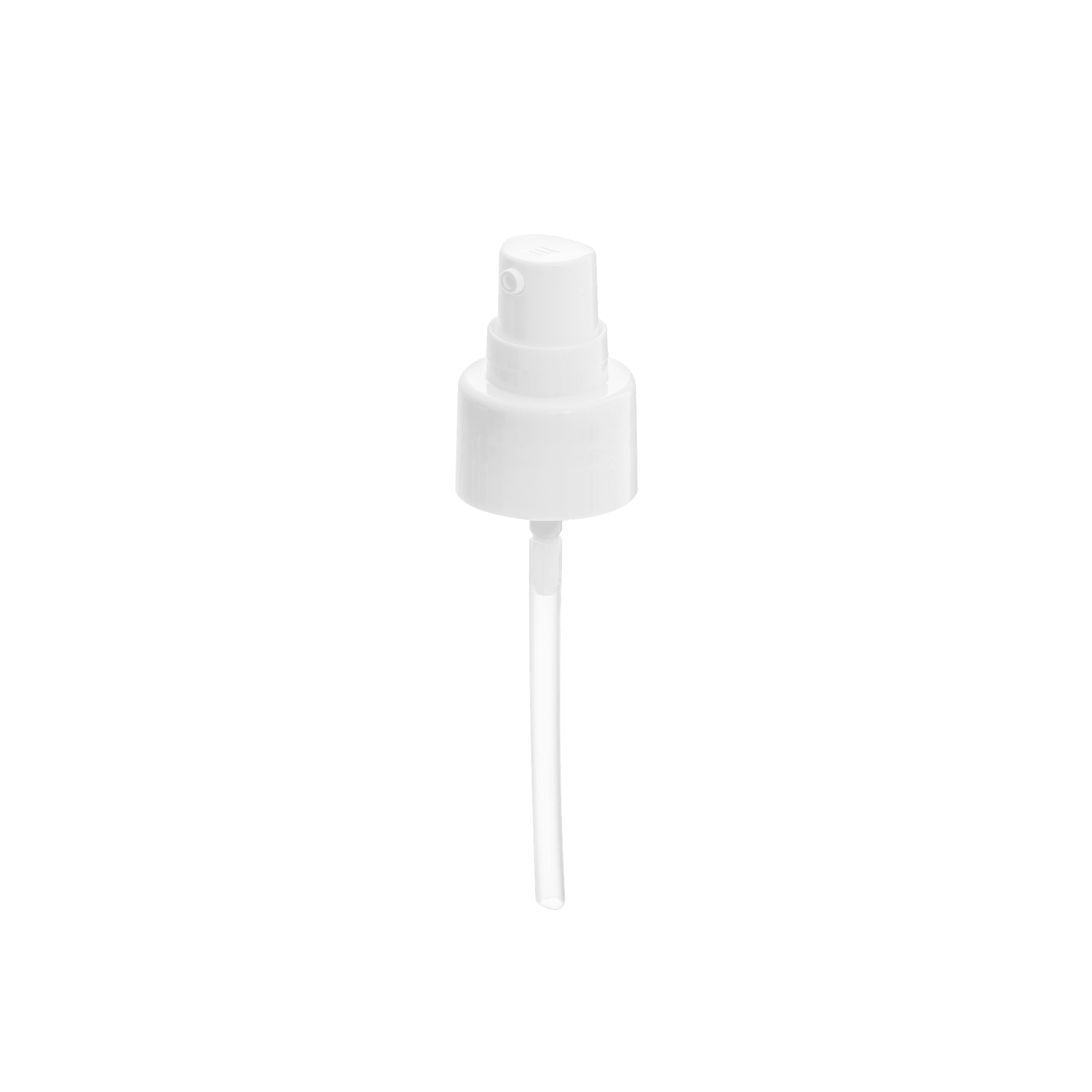 The image shows the Calaso PP Pump 24/410 FPB15A3C005-001. It is a white plastic pump dispenser with a smooth, cylindrical neck and a ribbed top for easy grip. The pump stem is also visible, extending downward from the base of the pump mechanism.