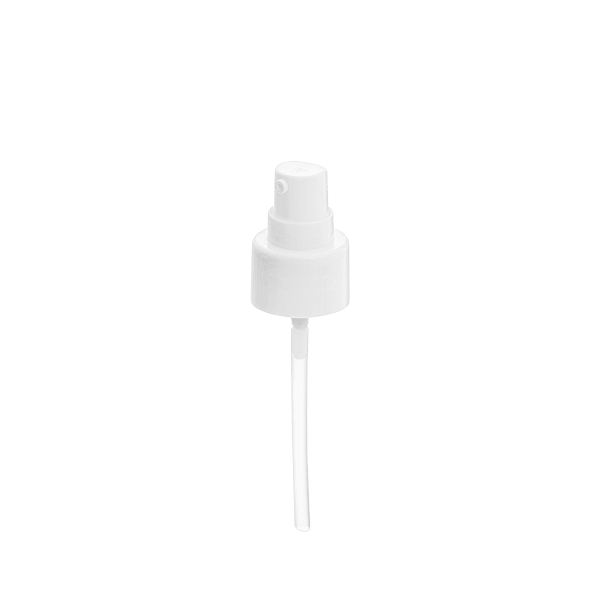 The image shows the Calaso PP Pump 24/410 FPB15A3C005-001. It is a white plastic pump dispenser with a ribbed collar, designed for screw-on attachment to bottles. The pump has a long, narrow dispensing nozzle and a smooth, cylindrical actuator for easy pressing. The overall design is sleek and functional, suitable for dispensing liquid products.