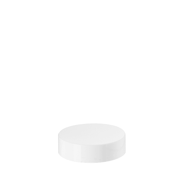 The image displays a white plastic threaded cap known as the Calaso PP Threaded Closure 64 Special. The closure has a smooth, glossy finish with a flat top surface. The threading is visible on the inside of the cap, designed to securely fit onto a corresponding container. The overall design is simple and functional, aimed at providing a secure seal.