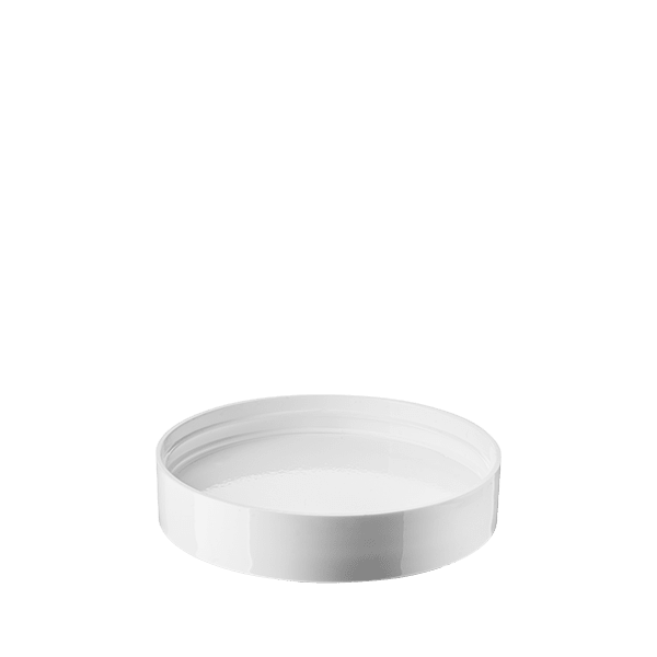 The image shows the Calaso PP Threaded Closure 87 Special. The product is a white, round, plastic cap designed for sealing containers. The cap has a smooth surface with fine threading on the inside, which enables a secure fit onto compatible containers.