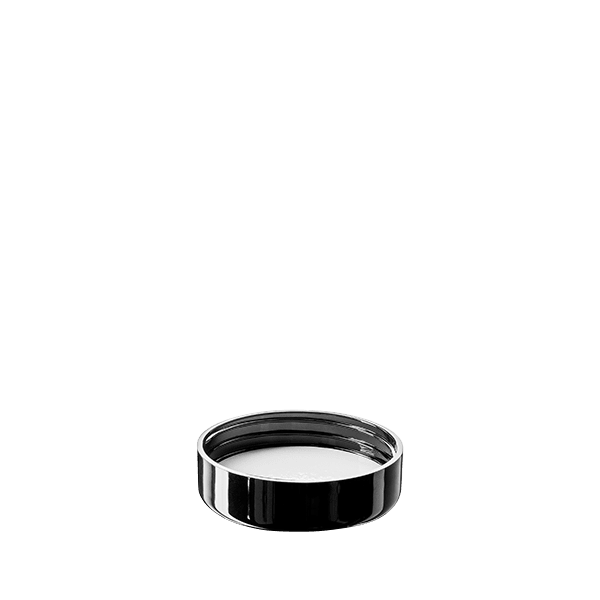 The image shows the Calaso SAN Threaded Closure 53-400 (EGA30A1A002-200). The closure is a round, black, plastic cap with a smooth, glossy finish. It features a threaded design for secure attachment. The top surface of the cap is flat, providing a sleek and simple appearance.
