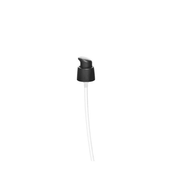 The image displays the Glasmeister PP Pump 18/400 ABB05A3C006-201, which is a plastic pump dispenser. The pump is primarily white, with a cylindrical shape and a smooth, rounded top. The dispensing mechanism includes a nozzle that extends outward, designed for easy liquid dispensing. The base of the pump features a threaded section for secure attachment to compatible bottles.