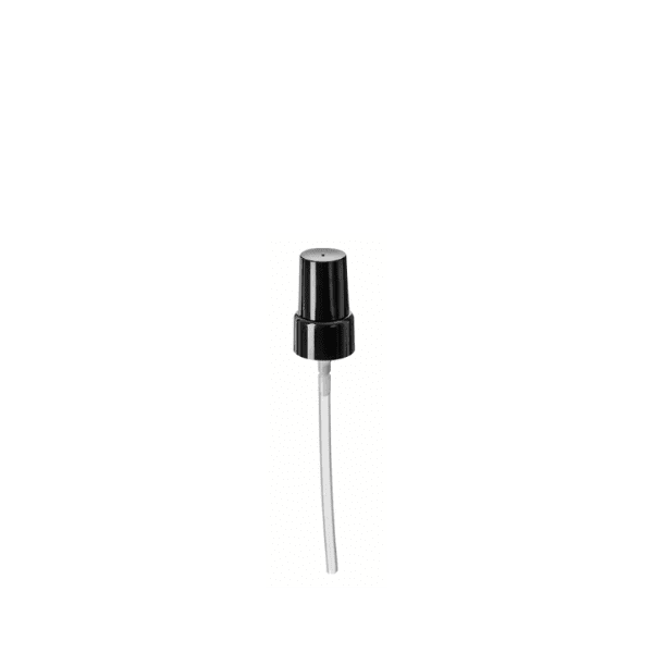 The image shows the Calaso PP Pump 18/415 FPB07A3C004. The pump is designed with a sleek, cylindrical shape and features a smooth, glossy white finish. It includes a ribbed collar for secure attachment to bottles, and a long, thin actuator for easy dispensing. The pump’s nozzle is slightly curved, ensuring precise application of product.