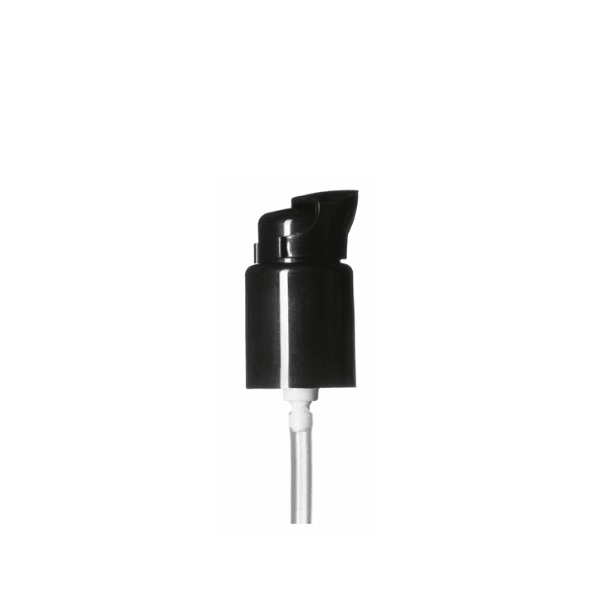 The image shows the Calaso PP Pump 18-415. It is a sleek, white plastic pump dispenser with a smooth, cylindrical body and a narrow nozzle. The pump head is designed for easy pressing, ensuring efficient dispensing of liquid products. The nozzle is elongated to provide precise application.