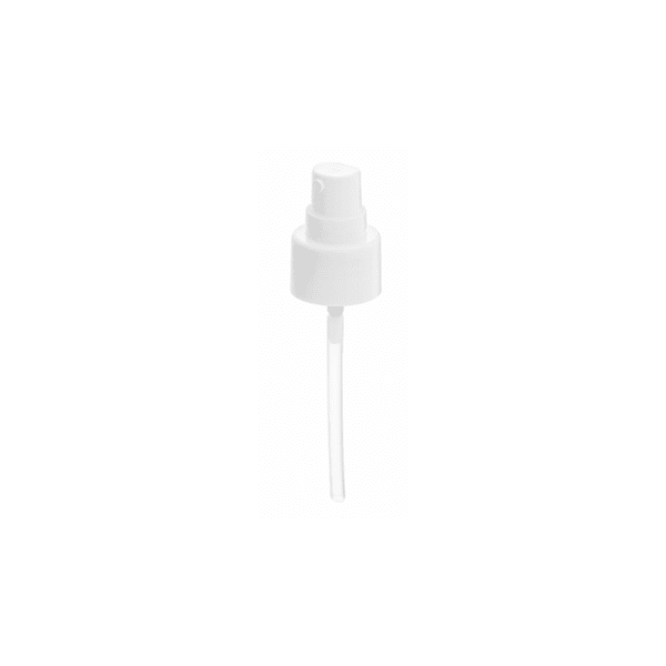 The image features the Calaso PP Pump 24/410 FPB15A3C007-001. The pump is white with a smooth, cylindrical body and a ribbed collar. The nozzle is designed for dispensing liquids, and it includes a clear tube extending from the base, intended to be inserted into a bottle. The overall design is sleek and functional, suitable for various liquid products.