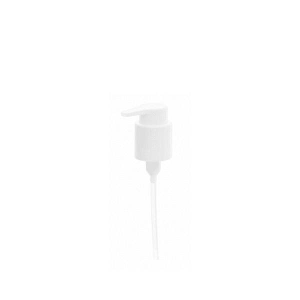 The image shows the Calaso PP Pump 24/410, a plastic pump dispenser typically used for liquid products. It features a white pump head with a ribbed texture for easy grip and a smooth, cylindrical actuator. The pump is designed to fit onto bottles with a 24/410 neck size. The nozzle is slightly curved, allowing for precise dispensing of the product. The pump stem is not visible in the image.
