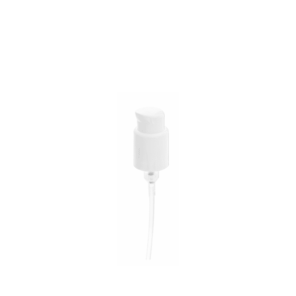 The image shows the Calaso PP Pump 24/410 by Glasmeister. The pump is designed for dispensing liquids and features a smooth cylindrical body with a ribbed collar for easy gripping. The actuator on top is flat and wide, allowing for effortless pressing. The pump is predominantly white, with a sleek and functional appearance, suitable for various bottle types.