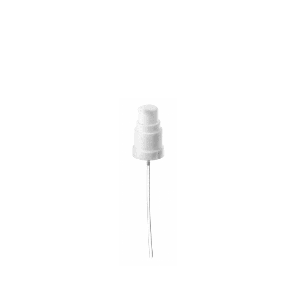 The image shows the Calaso PP Pump DIN18 ABB02A3C012-001. It is a plastic pump dispenser with a sleek, cylindrical shape. The pump has a smooth, white finish and a ribbed texture on the neck for easy grip. The nozzle is streamlined and slightly curved for efficient dispensing. The overall design is minimalist and functional.