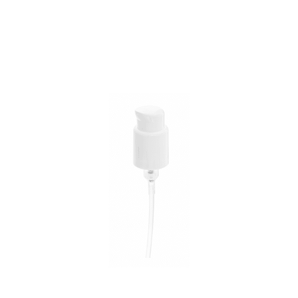The image shows a Calaso PP Pump 24/410. It is a white plastic pump dispenser commonly used for dispensing liquid products such as lotions, soaps, or other personal care items. The pump features a ribbed collar for better grip and a long, slender nozzle for precise dispensing. The overall design is simple and functional, suitable for attaching to compatible bottles.
