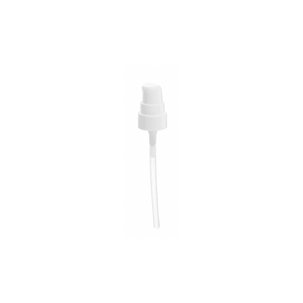 The image shows a Calaso PP Pump 18/400 FPB05A3C002-001. It features a white plastic pump with a smooth, cylindrical body and a ribbed texture near the top for grip. The pump is equipped with a long, straight dip tube that extends downward, designed for dispensing liquid products. The nozzle at the top is rounded and slightly angled to facilitate easy application.