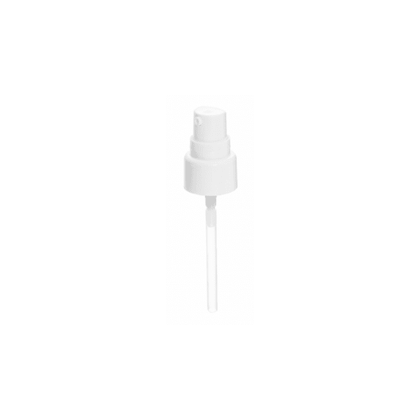 The image displays the Calaso PP Pump 20/410. It is a sleek, cylindrical pump dispenser made of polypropylene (PP) plastic. The pump features a smooth, rounded actuator on top and a ribbed collar for easy grip when twisting it onto a bottle. The nozzle is designed for precise dispensing of liquid products. The overall design is minimalistic and functional, suitable for various liquid dispensing needs.