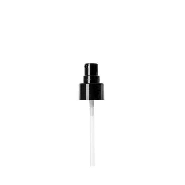 The image features the Calaso PP Pump 24/410 FPB15A3C005-200. It is a plastic pump dispenser with a smooth, cylindrical body and a ribbed collar for secure attachment to a bottle. The pump has a long, slender nozzle that extends from the top, designed for dispensing liquids in controlled amounts. The entire pump is rendered in a sleek, uniform white color.