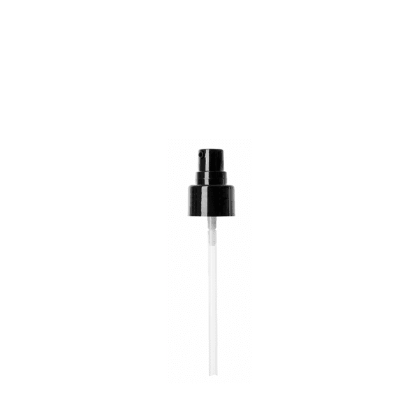 The image shows the Calaso PP Pump 24/410 FPB15A3C010-200. It is a white plastic pump with a ribbed screw-on collar designed for dispensing liquids from bottles. The pump features a long, slender dip tube extending downwards, and the actuator is a smooth, rounded button for easy pressing. The pump's clean and simple design is suited for various liquid products, such as lotions or soaps.