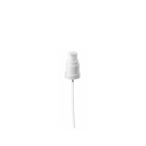 The image displays a Calaso PP Pump DIN18 ABB02A3C030-001. The pump has a sleek, cylindrical design with a smooth, white finish. The dispensing nozzle is slightly curved and extends outward for ease of use. The base of the pump is threaded to fit securely onto compatible containers. The overall design is clean and functional, suitable for various liquid dispensing applications.