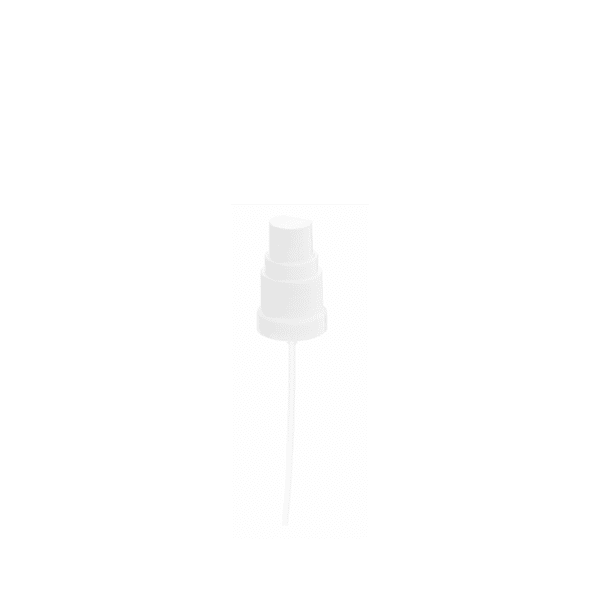 The image shows a Calaso PP Sprayer DIN18. It features a white plastic sprayer head with a smooth finish, attached to a transparent tube. The sprayer has a standard nozzle and a ribbed collar for secure attachment to compatible bottles. The product is designed for use with liquid dispensing.