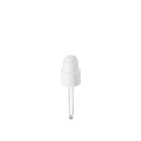 The image shows the Calaso PP Dropper 24/410 VPB15A3A001-001. It is a plastic dropper with a clear pipette and a white bulb top. The dropper is designed to fit bottles with a 24/410 neck size. The clear pipette allows for precise measurement and dispensing of liquids, while the white bulb provides a secure grip for easy use.