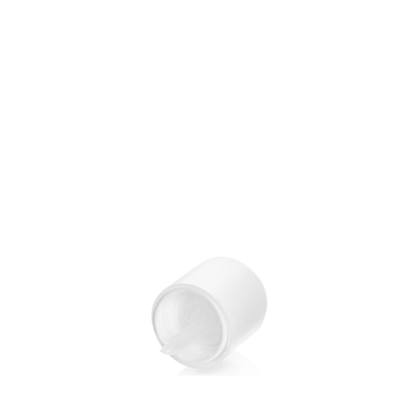 The image features the Calaso PP Dropper DIN18. The product consists of a white plastic dropper cap with a smooth, rounded top and a slender, elongated nozzle. The dropper is designed to fit onto a bottle with a DIN18 neck finish. The background of the image is plain white, putting full focus on the dropper's design and details.
