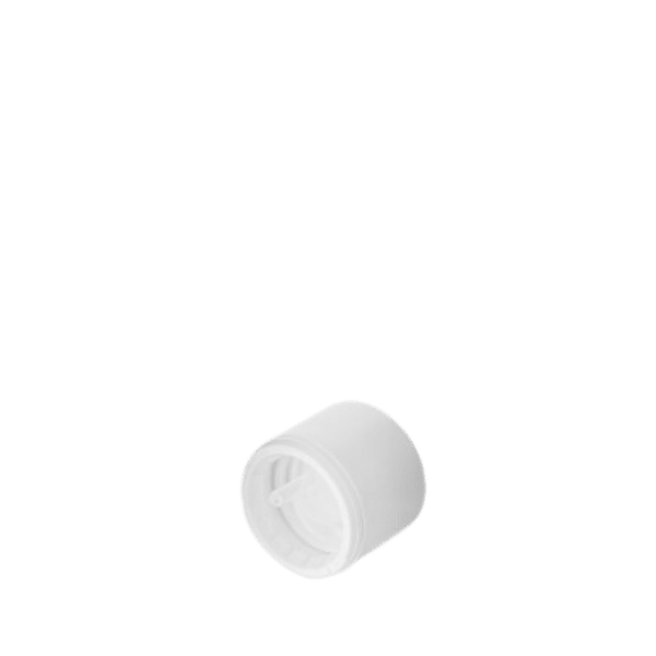 The image shows the Calaso PP Dropper DIN18. It features a cylindrical, white plastic cap with a smooth finish and a built-in pipette dropper. The dropper is designed to fit a DIN18 bottle neck and is typically used for dispensing liquids in small, controlled amounts. The design is simple and functional, with a focus on ease of use.