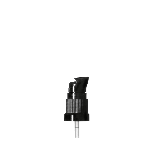 The image features the Calaso PP Pump DIN18. The pump is white and has a sleek, cylindrical design. It includes a ribbed collar for secure attachment and a smooth actuator for easy dispensing. The product is positioned vertically, showcasing its clean and modern appearance, suitable for various liquid dispensing needs.