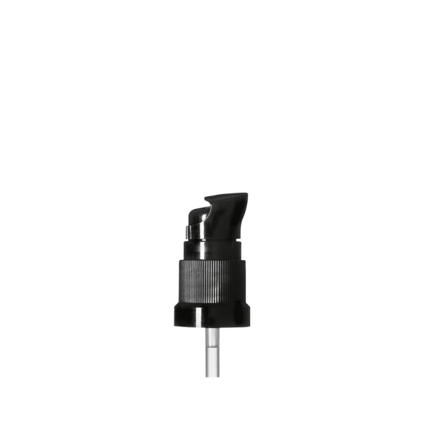 The image shows the Calaso PP Pump with a DIN18 neck. The pump is designed for dispensing liquids and features a sleek, cylindrical shape with a smooth, white finish. The pump head includes a nozzle for dispensing, and there is a ribbed section near the base for ease of grip and attachment. The overall design is simple and functional, suitable for various liquid products.