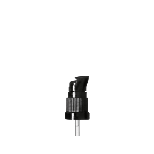 The image features the Calaso PP Pump DIN18. The product is a sleek, cylindrical pump dispenser with a smooth, shiny finish. The pump mechanism is at the top, with a slightly curved actuator for easy use. The dispenser is designed to fit onto bottles with a DIN18 neck finish. The overall look is modern and functional.