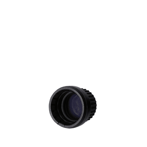 The image depicts the Calaso PP Threaded Closure DIN18 RGB02D1A001-200. It is a small, cylindrical cap designed to screw onto a bottle or container. The cap is shown in a neutral, opaque color and features threading on the inside to ensure a secure fit. The exterior surface appears smooth, and the top is flat.