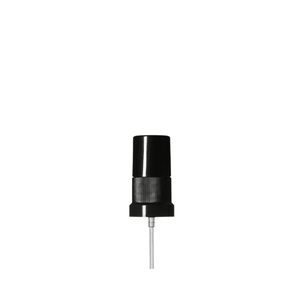The image shows the Calaso PP Sprayer DIN18. It is a plastic spray nozzle with a sleek, cylindrical design. The sprayer features a ribbed collar for secure attachment to bottles, and a long, thin dip tube extending from the bottom. The nozzle appears to be white, and the overall design is simple and functional. 