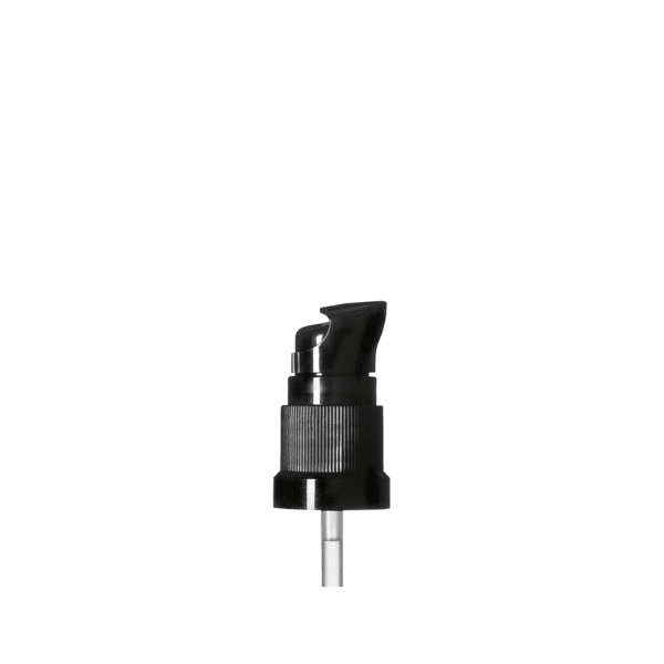 The image shows the Calaso PP Pump DIN18 ABB02A3C011. It features a sleek, cylindrical white pump head with a smooth finish. The pump is attached to a clear, ribbed actuator stem, which is designed to fit into a bottle with a DIN18 neck finish. The overall design is functional and minimalist, suitable for dispensing liquids such as lotions or soaps.