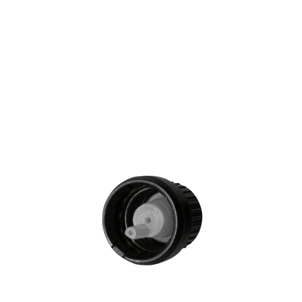 The image shows the Calaso PP Dropper DIN18 with SKU RGB02D2B004-200. It is a sleek, cylindrical dropper bottle with a black cap. The bottle appears to be made of clear glass, allowing the contents to be visible. The dropper cap has a smooth, glossy finish and is designed for precise dispensing of liquids. The overall design is minimalist and functional.
