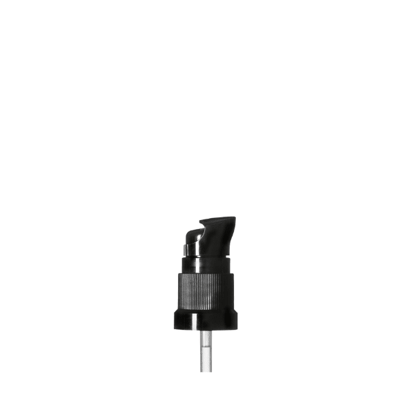 The image shows the Calaso PP Pump DIN18, a plastic pump dispenser designed for bottles. The pump is white and features a long, narrow nozzle for precise dispensing. It includes a ribbed collar for easy gripping and secure attachment to the bottle. The pump is shown against a plain white background.