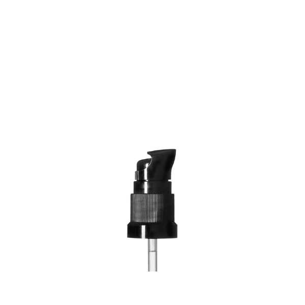 The image shows the Calaso PP Pump DIN18. It features a sleek, cylindrical design with a smooth, white finish. The pump has a simple, modern appearance with a long, narrow nozzle for dispensing liquids. The top of the pump is flat and can be pressed down to dispense the product. The pump mechanism is integrated into a cylindrical cap that screws onto a bottle with a DIN18 neck finish. This image highlights the clean lines and functional design of the Calaso PP Pump.