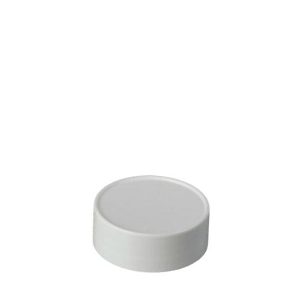 The image displays a white, round, threaded closure cap made of polypropylene (PP). The cap has a smooth surface and features a ribbed edge for easy gripping. The threading is visible on the inside of the cap, designed to fit securely onto containers. This product is the MRP Solutions PP Threaded Closure 48-485.
