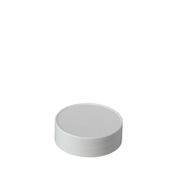 The image shows the MRP Solutions PP Threaded Closure 53-485 (SO053). It is a white, round plastic cap designed to fit on a container with a 53-485 thread size. The cap features a smooth, flat top surface and ribbed sides for easy grip and application.