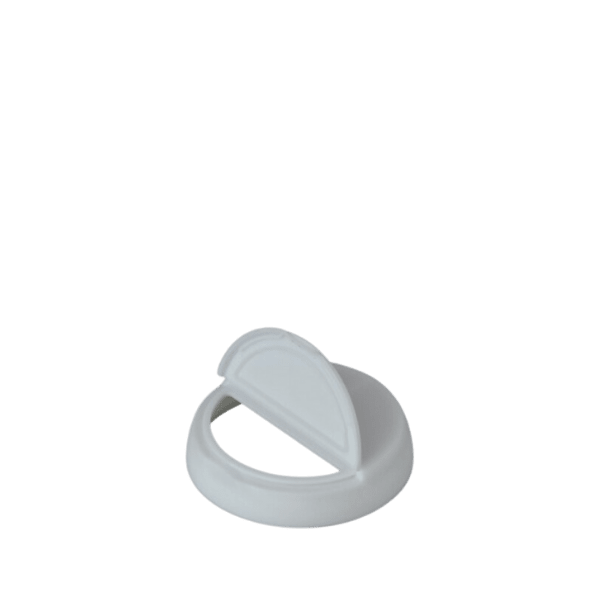 The image shows the MRP Solutions PP Flip Top Cap 63-400. It is a white, round plastic cap with a smooth surface and a hinged flip-top lid. The cap is designed to fit containers with a 63-400 neck finish. The flip-top lid has a small tab for easy opening and closing.
