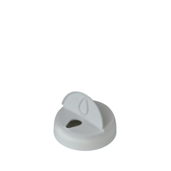 The image shows an MRP Solutions PP Flip Top Cap, 63-400. The cap is cylindrical with a smooth finish and a flip-top lid, which is slightly raised in the closed position. The color of the cap is white, and it has a threaded base designed to fit onto a container with a 63-400 neck finish. The flip-top feature allows for easy dispensing of the product inside the container.