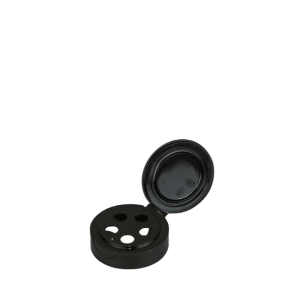 The image features the MRP Solutions PP Flip-Top Cap 43-400. The cap is primarily black and has a smooth, glossy surface. It is designed with a flip-top mechanism for easy opening and closing. The cap appears to have a circular shape with a diameter that fits a 43-400 neck finish. The flip-top is centrally positioned, allowing for convenient dispensing. There are no visible logos or additional markings on the cap.
