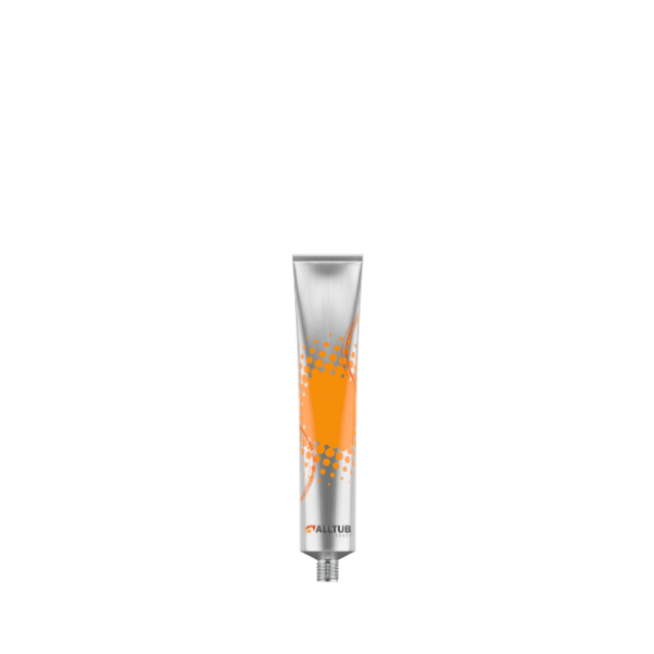 The image shows a small, cylindrical, silver-colored aluminum tube with a closed, pointed nozzle cap. The tube is sleek and smooth, reflecting light off its metallic surface, giving it a polished appearance. This container is labeled as the Alltub 0.1oz Aluminum Tube. The tube is intended for holding and dispensing small amounts of product, likely for cosmetic or pharmaceutical use. The compact size and pointed nozzle suggest precise application.
