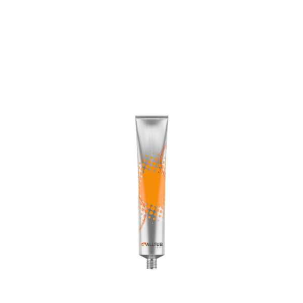 The image displays the Alltub 0.3oz Aluminum Tube (10 ml). The tube is silver and cylindrical with a smooth, metallic finish. It has a screw-on cap at the top, also silver in color, which is slightly wider than the body of the tube. The tube is shown standing upright on its cap, with no visible branding or labeling. The overall design is sleek and minimalistic.
