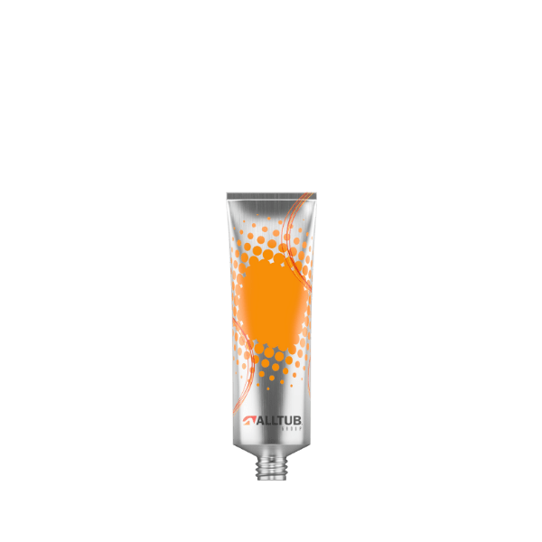 The image features the Alltub 2.0oz Aluminum Tube. The tube is cylindrical with a sleek silver finish, typical of aluminum packaging. It has a smooth surface with no visible branding or labeling. The tube is capped with a white, ribbed plastic screw-on cap. The overall design is minimalist and functional, suitable for containing various products such as creams, ointments, or gels.