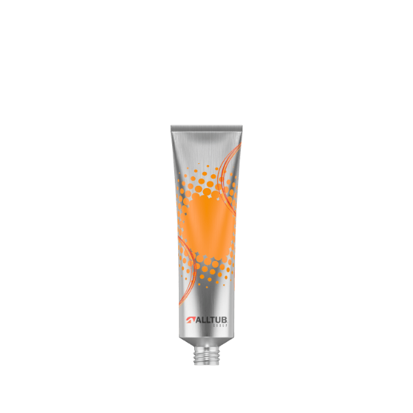 The image shows an Alltub 3.7oz Aluminum Tube. The tube is silver in color with a smooth, cylindrical shape. It has a screw-on cap at the top, which is also silver. There are no labels or branding on the visible part of the tube, giving it a clean and minimalist appearance. The tube is standing upright against a plain white background.