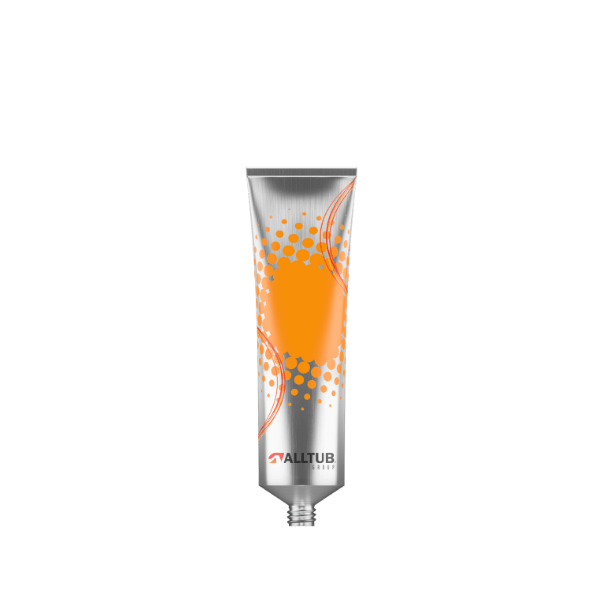 The image displays the Alltub 4.6oz Aluminum Tube. It is a cylindrical aluminum container with a smooth, metallic finish. The tube has a sealed, crimped end and a nozzle at the opposite end designed for dispensing the contents. The nozzle is capped with a screw-on cap, which appears to be made of plastic. The tube is unmarked and has a sleek, modern appearance.