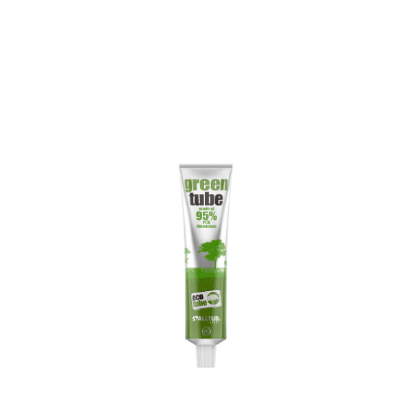 The image features the Alltub 0.1oz Aluminum Tube, a small, sleek cylindrical container made of shiny aluminum. The tube is primarily silver in color with a green cap. The compact design is suitable for holding 2 ml of product. The product appears clean and minimalistic.