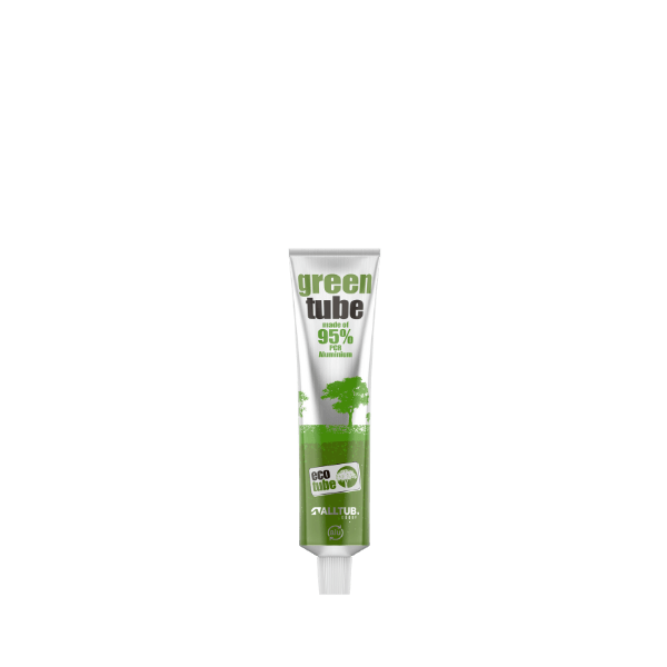 The image shows a green Alltub 1.7oz Aluminum Tube. The tube is cylindrical with a smooth, metallic green finish. It has a white cap at the top, which is slightly larger in diameter than the tube itself. The cap appears to be screw-on, providing a secure closure for the contents. The overall design is sleek and simple, highlighting the product’s practical and functional aesthetic.